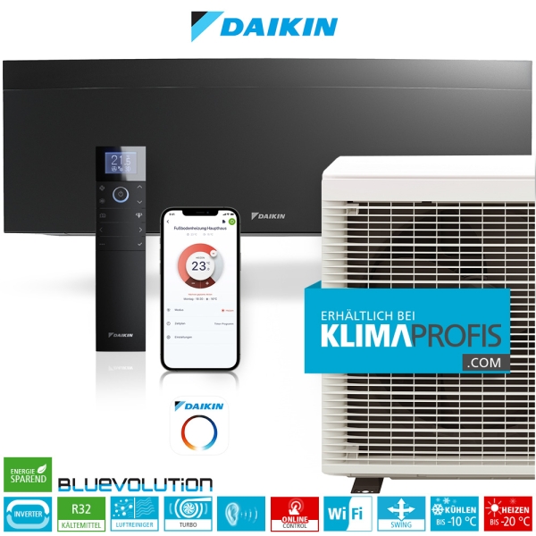 Daikin Emura 3 FTXJ20AB R32 WiFi Inverter Single-Split Klimageräte-Set, Mattschwarz - 2,6 kW