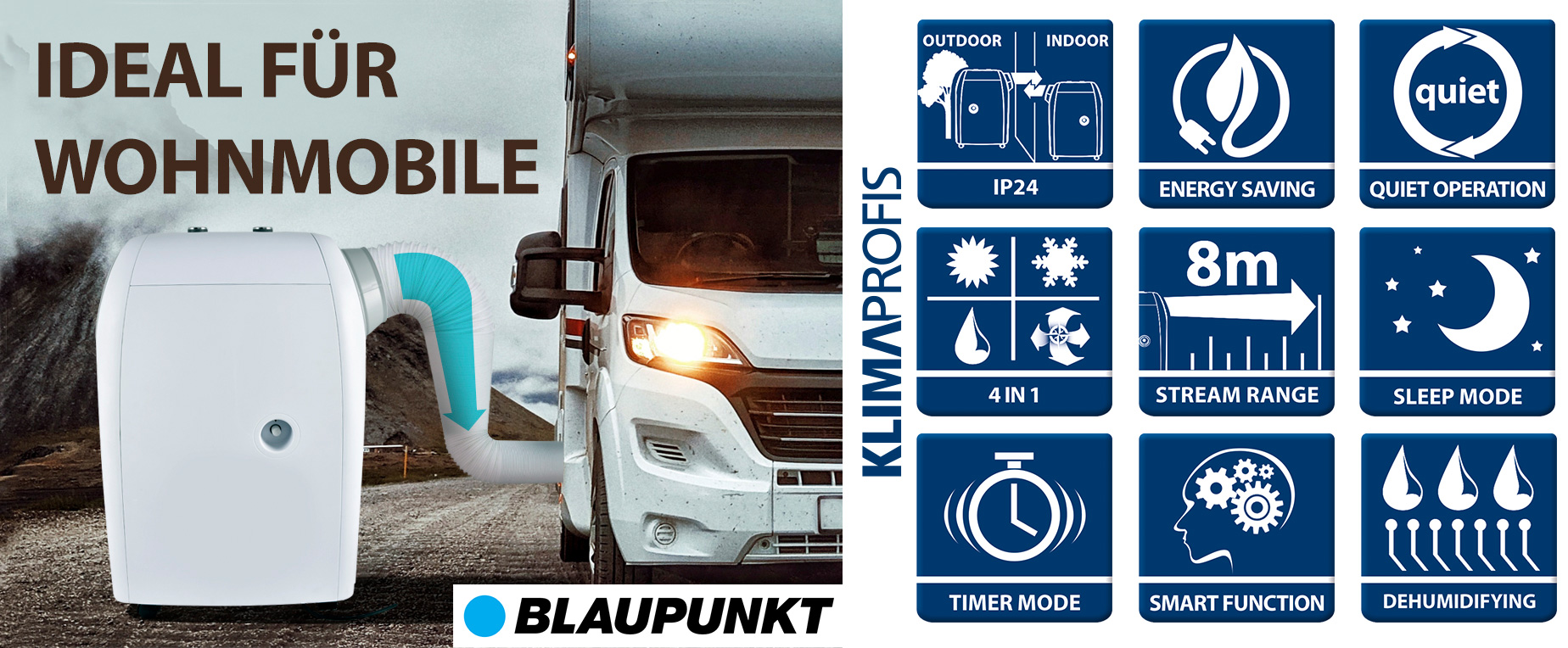 Mobiles Klimagerät Blaupunkt Arrifana 1414L - 4 kW für Räume bis 45 qm, Ideal für Wohnmobile