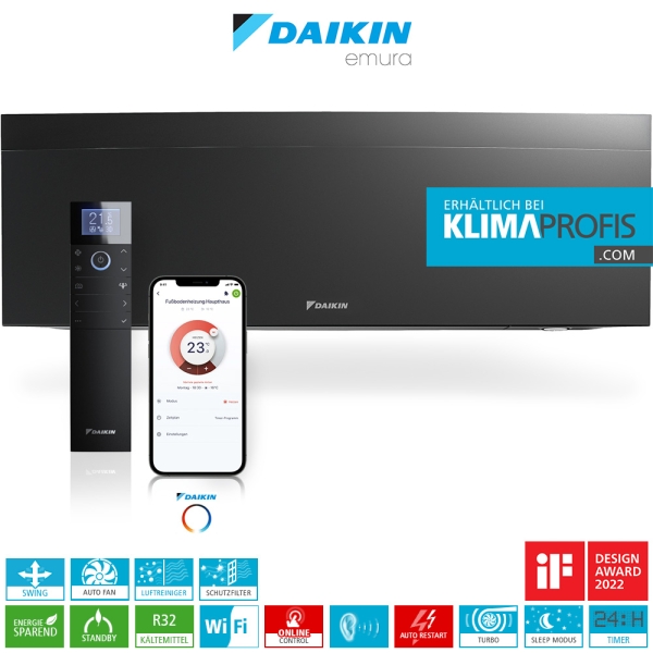Daikin &quot;Emura 3&quot; FTXJ42AB R32 WiFi Multi-Split Wandklimagerät, Mattschwarz - 4,2 kW