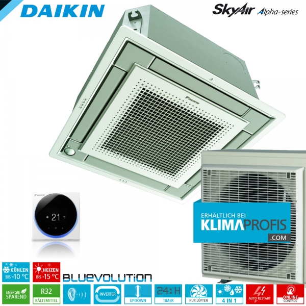 Daikin SkyAir FFA25A9 R32, silber, Inverter Euroraster Deckenkassetten-Set 2,5 kW