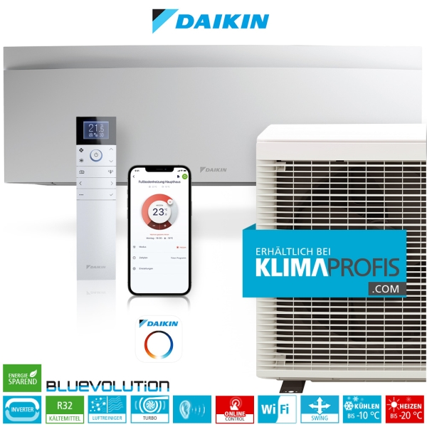 Daikin Emura 3 FTXJ20AW R32 WiFi Inverter Single-Split Klimageräte-Set, Mattweiß - 2,6 kW