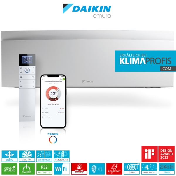 Daikin &quot;Emura 3&quot; FTXJ35AW R32 WiFi Multi-Split Wandklimagerät, Mattweiß - 3,4 kW