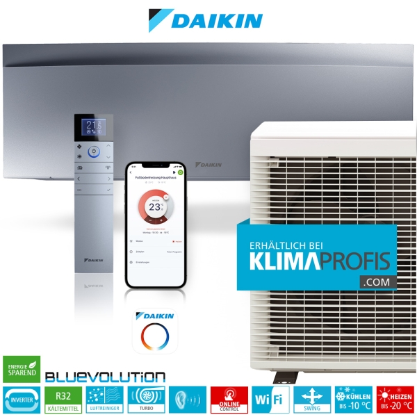 Daikin Emura 3 FTXJ20AS R32 WiFi Inverter Single-Split Klimageräte-Set, Silber - 2,6 kW