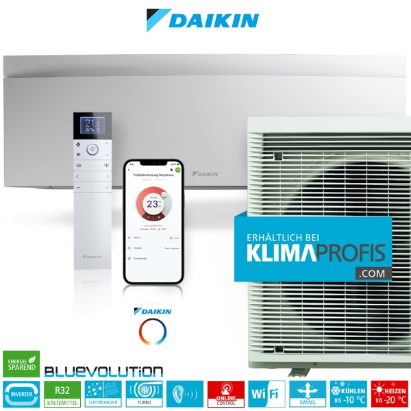 Daikin Emura 3 FTXJ42AW R32 WiFi Inverter Singlesplit Klimageräte-Set, Mattweiß - 5 kW