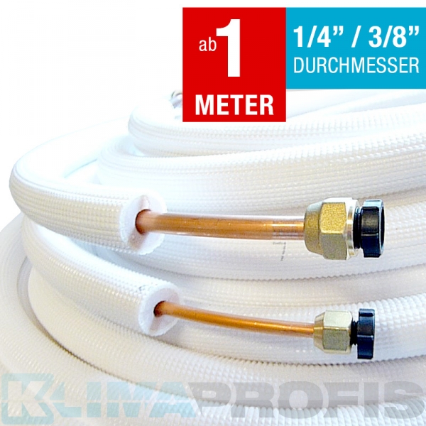 Isolierte Kältemittelleitung 1/4"/3/8", fertig konfektioniert mit Bördelanschluß und Überwurfmuttern