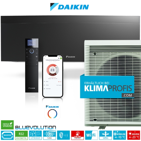 Daikin Emura 3 FTXJ42AB Inverter Single-Split Wandklimageräte-Set, R32, WiFi, Mattschwarz - 5 kW